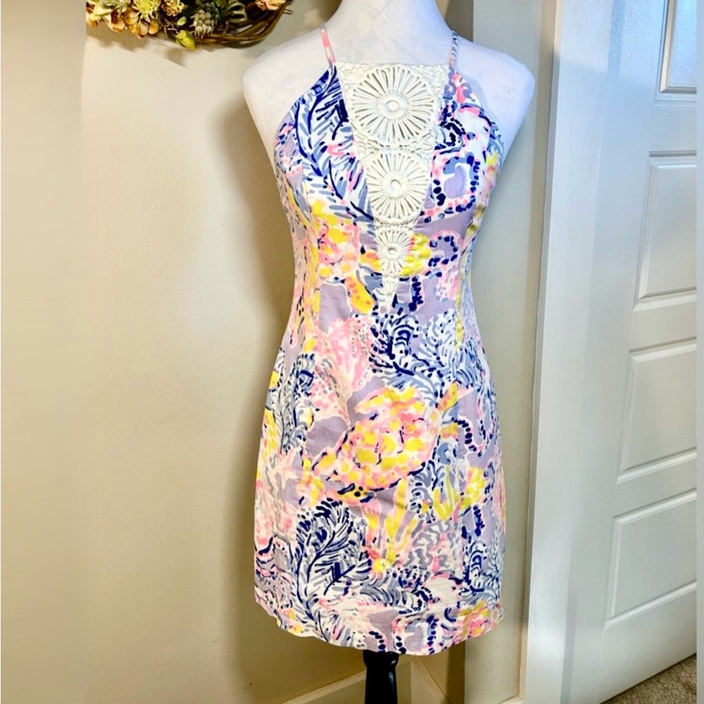 LILLY PULITZER So Snappy Pearl Shift Dress Lilac Verbena Crochet Bodice Sz 0💛 - Picture 2 of 9